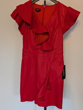 NWT bebe Red Alert Faux Leather Ruffle Mini Dress Size S